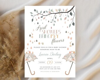 April Showers Bring May Flowers Baby Shower Invite, Spring Sprinkle, Watercolor Raindrops, Personalize at Home Template | TPL099