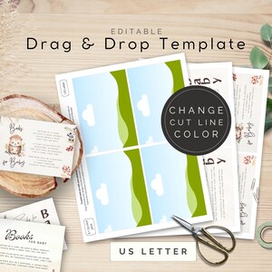 May include: Editable drag and drop template for a baby shower or book-themed party. The template features a cute woodland animal design with a blue and green color scheme. The text on the template reads "Books for Baby".