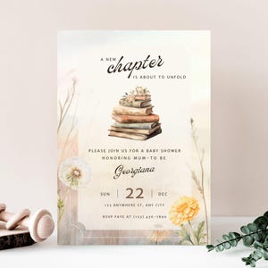 Baby Shower Un nuovo capitolo, invito stampabile 5x7 pollici, libro di fiabe a tema Boho, modello modificabile in Canva / TPL009