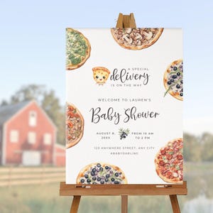 Modèle de carte de bienvenue pour baby shower avec livraison spéciale, tranche, tranche d'invitation neutre pour bébé, pizzas et bières à personnaliser à la maison | TPL121