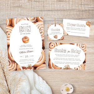 Bun in the Oven Baby Shower Invitation Bundle, Cinnamon Roll with Frosting, Baking Theme, Earthy, Editable Canva Template | TPL034