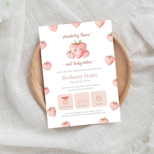 Geboortekaartje aardbei kussen, aquarel Berry Sweet A New Baby is Born, kawaii hartfruit, bewerkbare canvassjabloon | TPL085