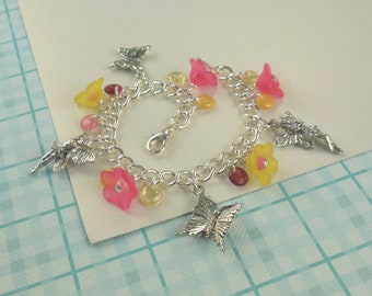 Girls Fairy Charm Bracelet in Pink and Yellow   --  Aurora  --