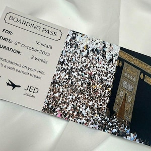 Carte d'embarquement cadeau Hajj Omra | Bon de voyage islamique personnalisé | Cadeau de l'Aïd pour les musulmans | Surprise du Ramadan | Déjoué ou imprimé | Or