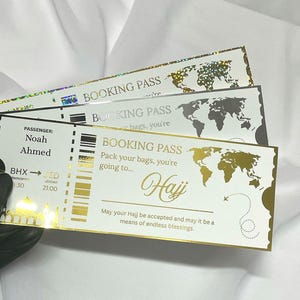 Carte d'embarquement cadeau Hajj Omra | Bon de voyage islamique personnalisé | Cadeau de l'Aïd pour les musulmans | Surprise du Ramadan | Déjoué ou imprimé | Or