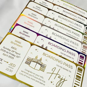 Carte d'embarquement cadeau Hajj Omra | Bon de voyage islamique personnalisé | Cadeau de l'Aïd pour les musulmans | Surprise du Ramadan | Déjoué ou imprimé | Or