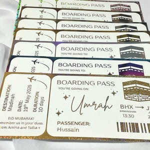 Carte d'embarquement cadeau Hajj Omra | Bon de voyage islamique personnalisé | Cadeau de l'Aïd pour les musulmans | Surprise du Ramadan | Déjoué ou imprimé | Or