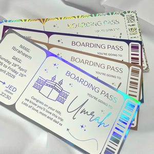 Carte d'embarquement cadeau Hajj Omra | Bon de voyage islamique personnalisé | Cadeau de l'Aïd pour les musulmans | Surprise du Ramadan | Déjoué ou imprimé | Or