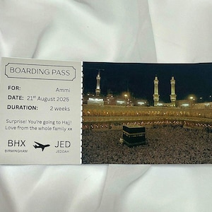 Carte d'embarquement cadeau Hajj Omra | Bon de voyage islamique personnalisé | Cadeau de l'Aïd pour les musulmans | Surprise du Ramadan | Déjoué ou imprimé | Or