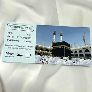 Carte d'embarquement cadeau Hajj Omra | Bon de voyage islamique personnalisé | Cadeau de l'Aïd pour les musulmans | Surprise du Ramadan | Déjoué ou imprimé | Or