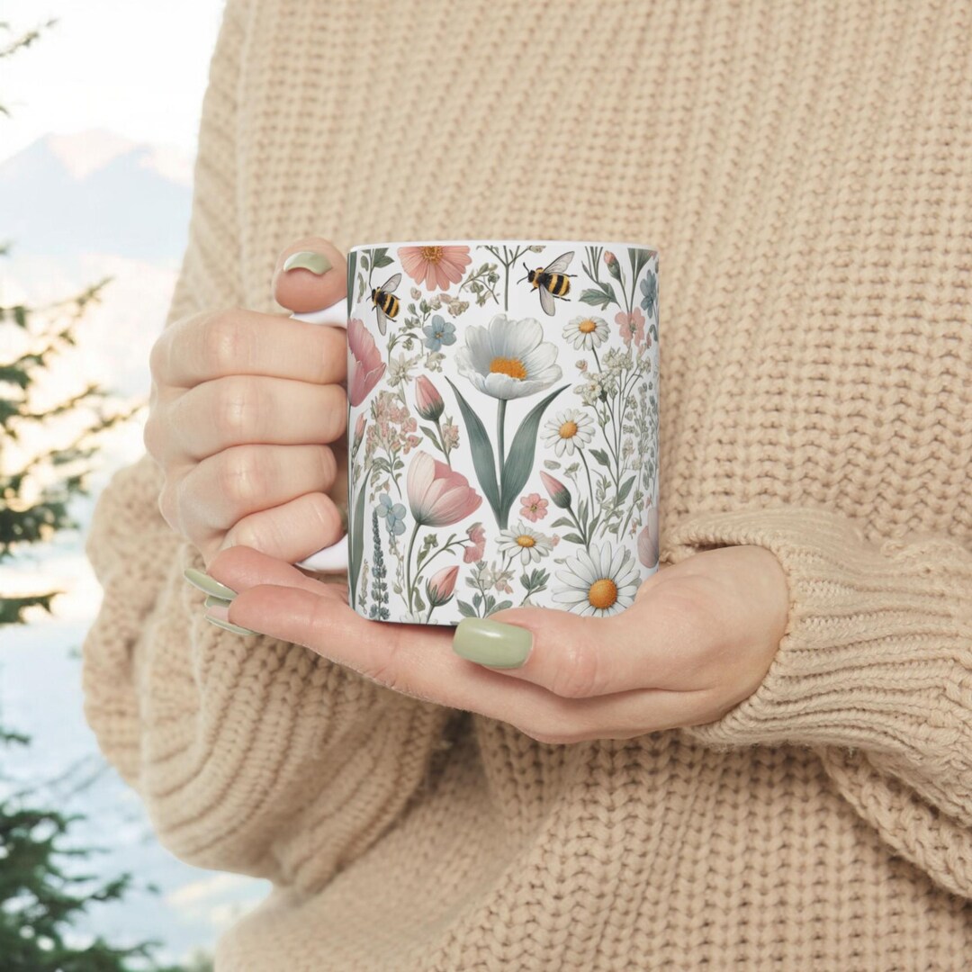 Boho Wildflowers Cottagecore Coffee Mug, Pressed Flowers Mug, Pastel ...