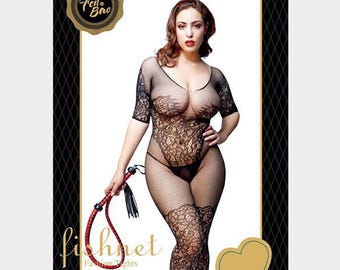 May include: A black fishnet bodysuit with lace detailing and a heart-shaped cutout on the chest. The bodysuit is worn by a model holding a red whip. The text "fishnet Fashion Tights" is visible at the bottom of the image.