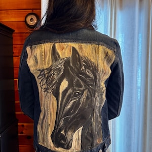 Rebel  - One-of-a-kind wearable art,  Hand-painted denim jacket featuring a Beautiful Black Horse, upcycled clothing—women's size Medium.