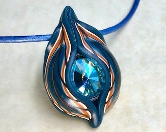 Nature Jewelry, Swarovski Pendant, Blue pendant, Leaf pendant, Magical pendant, Nature pendant, Polymer clay pendant