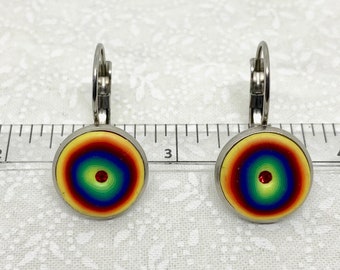 Rainbow earrings, Polymer Clay earrings, Pride earrings, Lever back earrings, round earrings, Swarovski crystal earrings