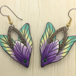 Nature Earrings, Fimo Leaf Earrings, Polymer Clay earrings, feather handmade fairy floral fantasy leaf kato sculpy fimo E0034