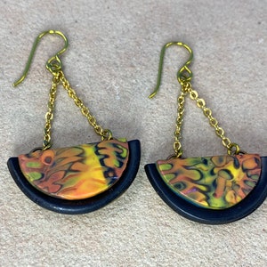 Gold earrings, Polymer clay earrings, Chain earrings, Makume Gane earrings, Marble earrings, dangly earrings.