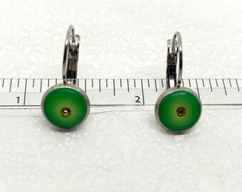 Green earrings, Polymer Clay earrings, Lever back earrings, round earrings, Swarovski earrings