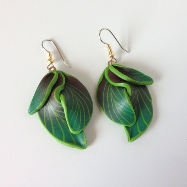 Jewelry handmade earrings Polymer clay earrings dangle green brown feather fairy Garden floral fantasy leaf lightweight kato fimo E0086