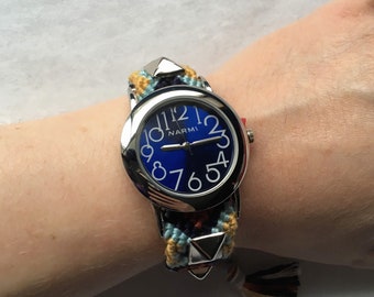 Friendship Bracelet Style Watch In Navy With Silvertone Pyramid Studs
