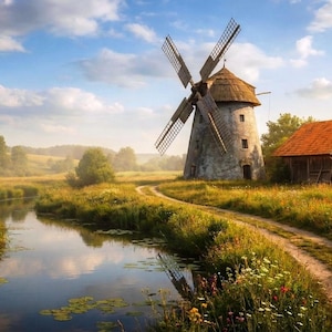 Puede incluir: Un paisaje pintoresco con un molino de viento desgastado, un pequeño granero de madera con techo naranja y un camino de tierra sinuoso. Un río tranquilo fluye por el primer plano, reflejando el cielo azul y las nubes. Campos verdes y árboles rodean la escena.