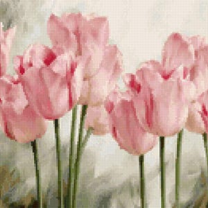 Patrones de punto de cruz “Tulipanes Rosas”, 200 x 131 puntos, 60 colores, DMC. Formato PDF. Carta de colores, instrucciones. + Bonus.