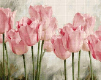 Patterns for cross stitch  “Pink Tulips”, 200x131  stitches 60 colors, dmc. Pdf format. Color card, instructions.  + Bonus.