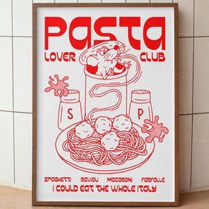 Pasta Lover Club. Minimalist Italian food art poster. Ideal for pasta lovers and perfect for decorating kitchens or Italian restaurants.
