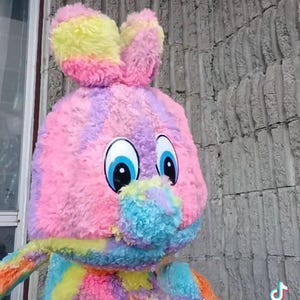 May include: A colorful plush bunny costume with large blue eyes and a cheerful expression. The costume features a variety of pastel colors, including pink, yellow, blue, and orange. The TikTok handle @uncle.willie.and.friends is visible.