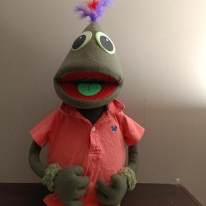 May include: A handmade puppet with a gray head, large googly eyes, and a red mouth with a green tongue. It wears a coral-colored polo shirt and has green hands with green wrist cuffs. Purple and red feathers adorn the top of its head.