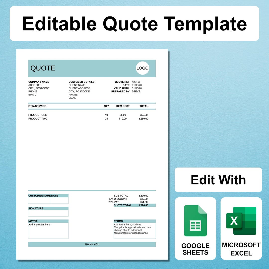 Modern Business Quote Template: Editable in Microsoft Excel or Google ...