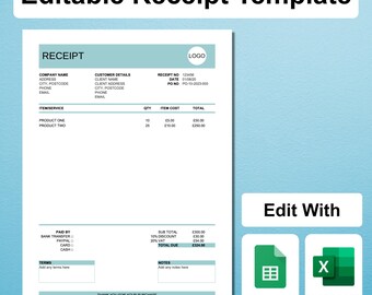 Modern Business Receipt Template: Editable in Microsoft Excel or Google Sheets, Business Template, Editable Receipt, Digital Download