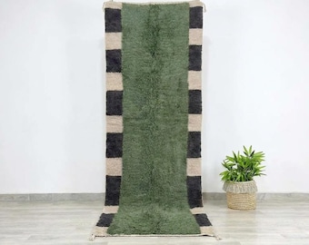 Beni Ourain runner rug green wool striped Berber hallway runner carpet