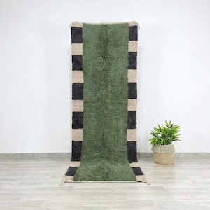 Beni Ourain runner rug green wool striped Berber hallway runner carpet