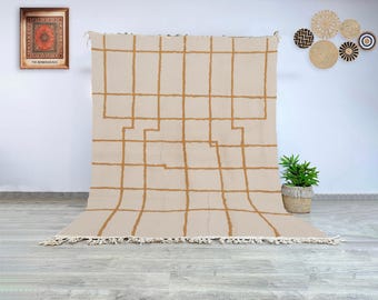 Moroccan wool Beni Ourain rug beige camel grid pattern hand-knotted Berber carpet for modern living room or neutral bedroom decor