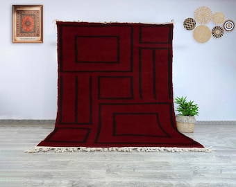 Moroccan Beni Ourain Wool Rug | Red and Black Geometric Pattern | Authentic Handwoven Berber Carpet |  Wool Rug for Living Room or Bedroom