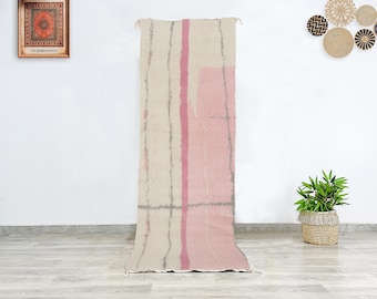 Beni Ourain Moroccan wool rug runner, soft cream and blush pink with grey line accents, hand knotted plush Berber hallway floor decor