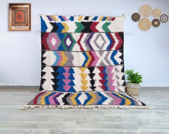 Handwoven Moroccan Wool Rug, Multicolor Berber Beni Ourain Carpet Featuring Chevron and Diamond Motifs for Contemporary and Bohemian Home