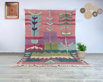 Berber Moroccan Rug Beni Ourain Wool with Bold Pink, Green and Teal Abstract Floral Pattern, Handwoven Carpet for Modern Home Interiors