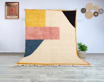 Hand-Knotted Moroccan Berber Rug, Wool Carpet with Bold Abstract Geometric Color Block Pattern, Authentic Boho Chic Area Rug