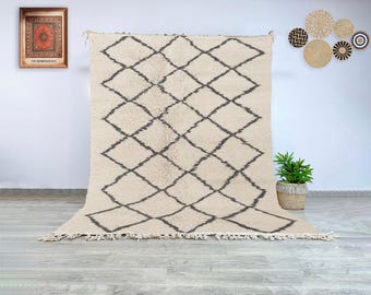 Cream Moroccan Wool Rug with Black Diamond Pattern, Hand Knotted Authentic Beni Ourain Berber Carpet for Bedroom, Living Room, or Office