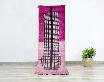 Luxurious Pink & Fuchsia Beni Ourain Runner – Authentic Moroccan Wool Carpet with Geometric Design - Berber Rug for Contemporary Spaces