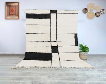 Handcrafted Beni Ourain Wool Rug, Black and White Geometric Moroccan Carpet, Minimalist Wool Area Rug for Modern or Scandinavian Interiors