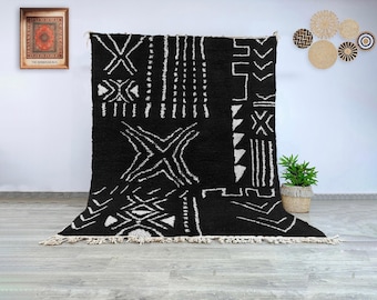 Black and White Beni Ourain Rug - Authentic Moroccan Berber Wool Carpet - Hand-Knotted Geometric Boho Custom Area Rug - Living Room Rug