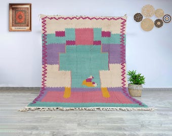 Moroccan wool Azilal rug turquoise pink purple geometric pattern hand-knotted Berber carpet for modern boho living room
