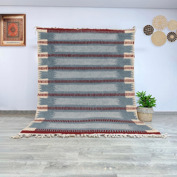 Berber Beni Ourain Wool Rug Featuring Blue and Cream Stripes with Red Details, Moroccan Handmade Carpet for Rustic or Modern Interiors