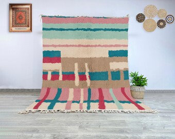 Authentic Handwoven Moroccan Azilal Wool Rug Berber Carpet with Stripes and Blocks in Pink Beige Teal Boho Style for Bedroom or Dining