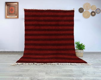 Authentic Moroccan Wool Rug Red Striped, Hand-Knotted Berber Carpet, Plush Beni Ourain Wool Area Rug for Living Room or Bedroom