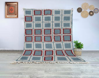Handwoven Moroccan Wool Rug, Blue and Burgundy Geometric Square Beni Ourain Carpet for Modern Bohemian Home and Artistic Interior Styling