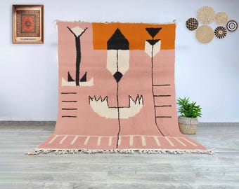 Auténtica alfombra bereber Beni Ourain, hecha a mano en lana rosa con un atrevido diseño tribal abstracto en negro y crema, alfombra marroquí para decoración de dormitorio.